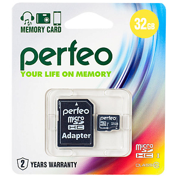 Карта памяти MicroSDHC Perfeo Class 32GB class10 с адаптером SD